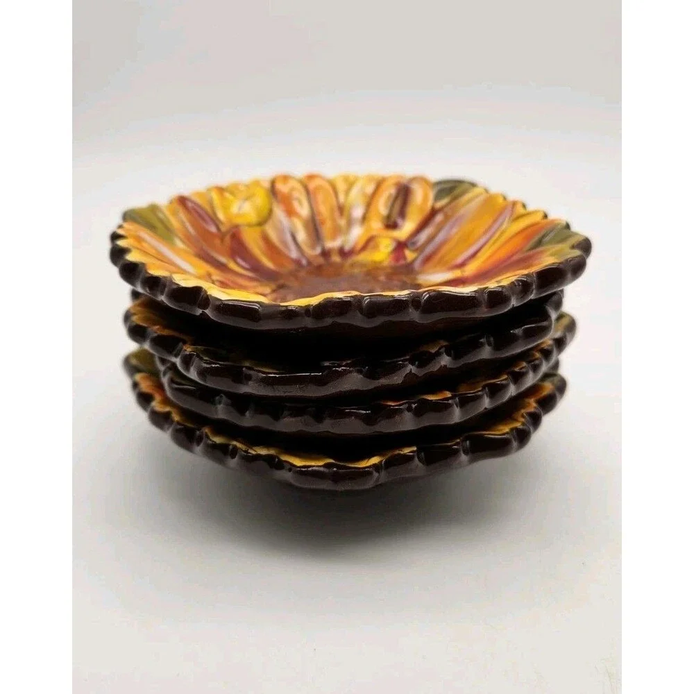 4 Clay Art Tuscan Yellow Sunflower Hand Painted Small Trinket/Snack Plates 3.5